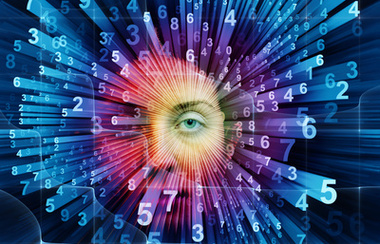 Serija Digital Vision. Međuigra dijela oka ženskog lica i cijelih brojeva na temu virtualne tehnologije, matematike, znanosti i obrazovanja.